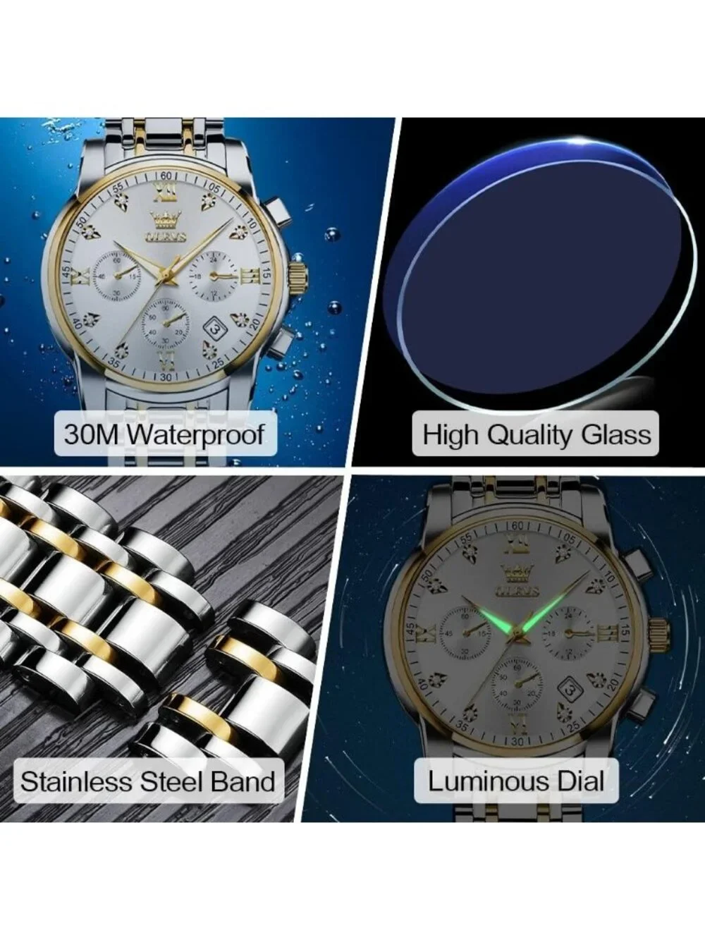 Men's  White Face/Two Tone Strap Stainless Steel Chronograph Waterproof  Watch